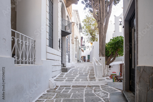 Cyclades, Greece. Ios, Nios island, Chora. Whitewashed buildings and narrow cobblestone alley.