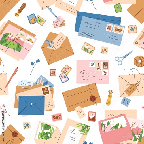Seamless mail pattern with envelopes, letters, postcards. Repeating backgroun...