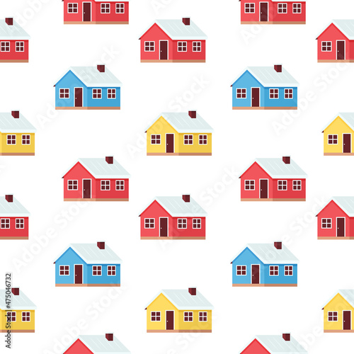 Seamless pattern of colored rural houses drawn in a flat style. Vector illustration
