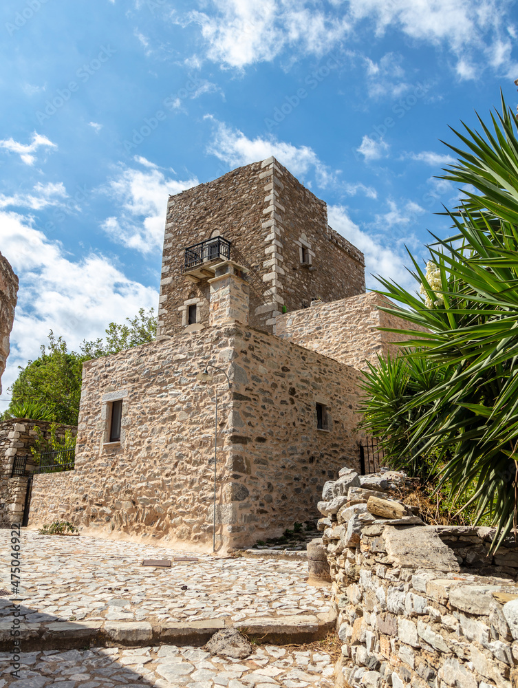 Stonewall tower houses at Vatheia Vathia village Mani peninsula Laconia Peloponnese Greece.