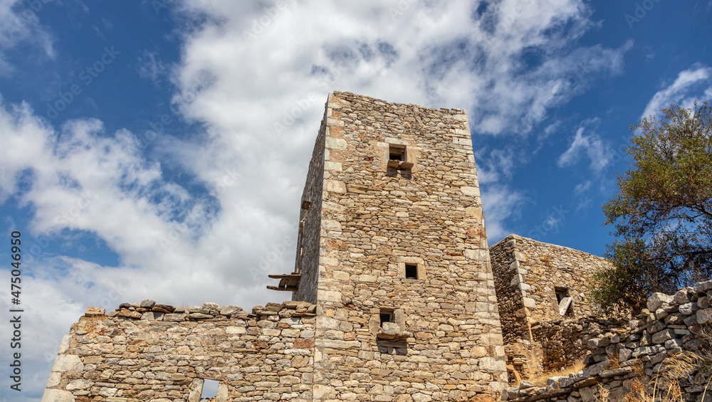 Stonewall tower houses at Vatheia Vathia village Mani peninsula Laconia Peloponnese Greece.