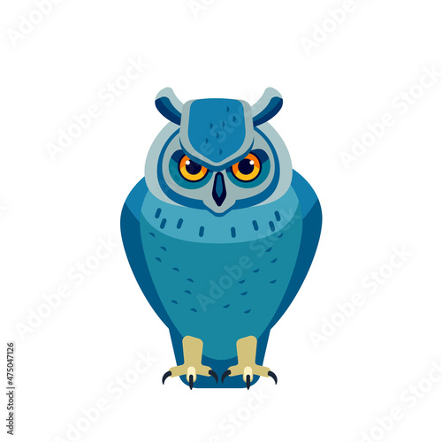 Owl is a bird of prey, mainly nocturnal birds. Eagle horned owl Cartoon flat style beautiful character of ornithology, vector illustration isolated on white background