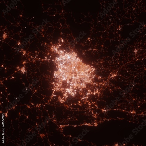 Guadalajara city lights map, top view from space. Aerial view on night street lights. Global networking, cyberspace