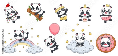 Fototapeta Naklejka Na Ścianę i Meble -  Set of cute pandas. Sports, new year, birthday, princess, ball, donut, rainbow, sitting on a cloud among the stars. Vector for design, banners, children's books and patterns
