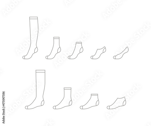 Set sock for man and woman from long to short, outline template. Sport and regular sock. Technical mockup clothes side view. Vector contour illustration