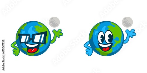 Happy Smiling Globe World Earth Cartoon Character With Continents And Moon