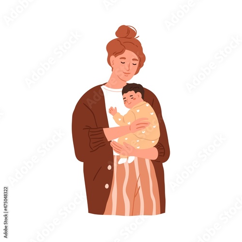 Mother and newborn baby in hands. Young mom holding and hugging calm child. Happy peaceful woman and infant portrait. Single-parent family. Flat vector illustration isolated on white background