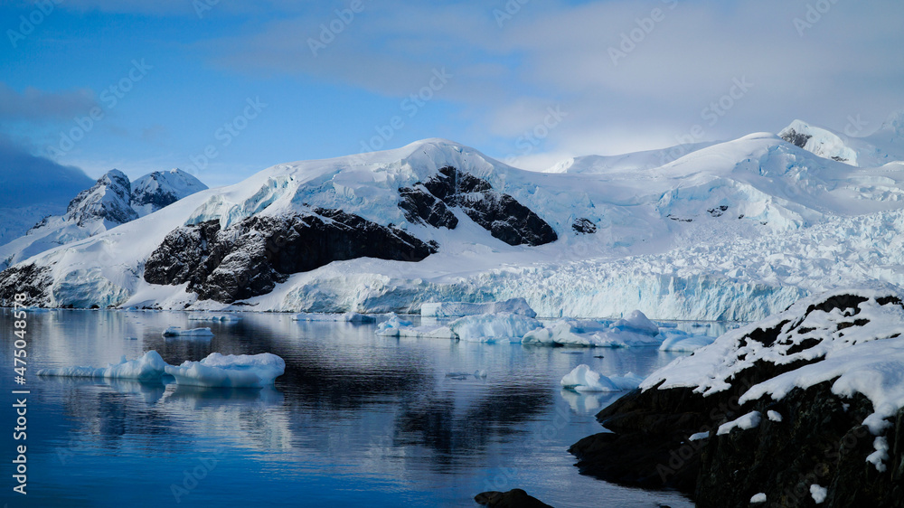 Arctic winter ocean landscapes near Paradise Bay in Antarctica.