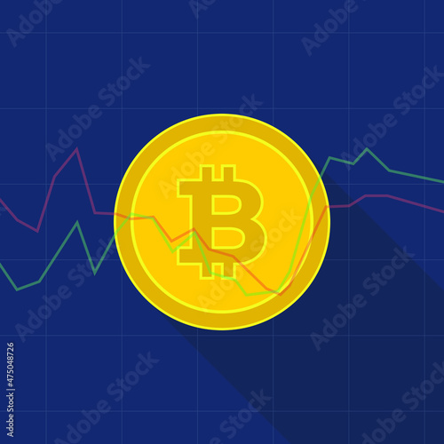 golden bitcoin crypto currency on red and green graph blue background