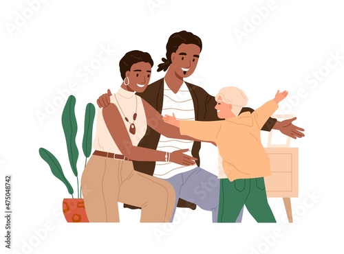 Foster parent hugging adopted child. Happy family with adoptive kid. African mother and father with son of different race. Adoption concept. Flat vector illustration isolated on white background