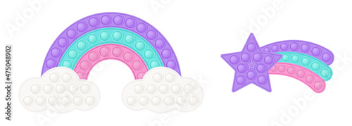 Popit figure pastel rainbow and purple star tail as a fashionable silicon toy for fidgets. Addictive anti stress toy in colorful colors. Bubble developing pop it toys for kids. Vector illustration