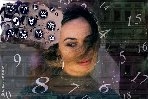 Pensive woman surrounded by astrological and numerological symbols
 photo