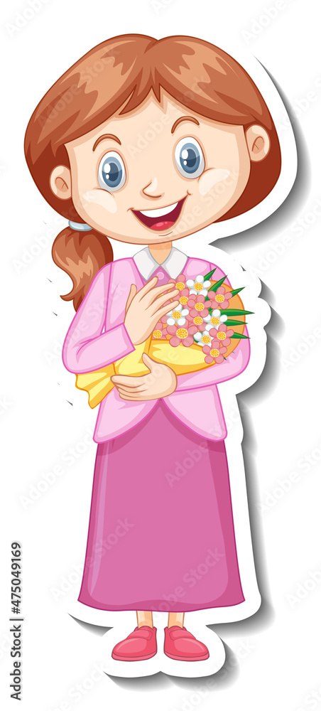 A girl holding flower bouquet cartoon character A girl holding flower bouquet cartoon character