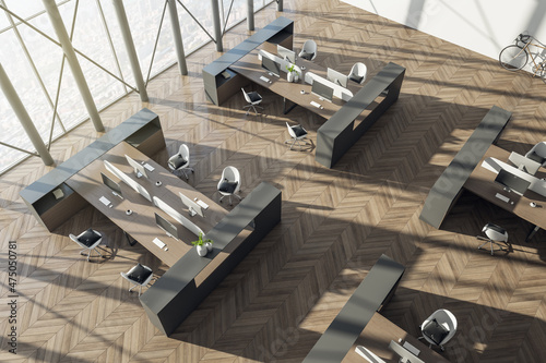 Top view of modern hipster coworking office interior with sunlight, city view, wooden, flooring, furniture, equipment and bike. Workplace concept. 3D Rendering.