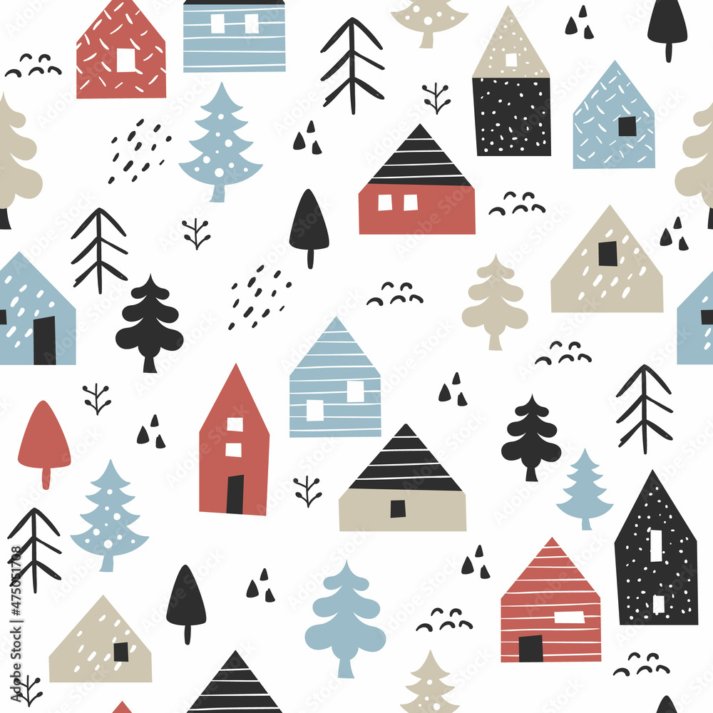 Winter seamless pattern with tiny houses. Scandinavian background