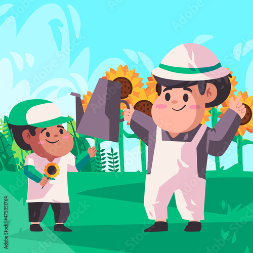 Father and son holding watering can pot kettle to the plants in their garden there are grass field and many sun flowers