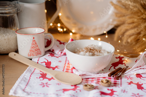 risengrod -  scandinavian-style, rice porridge. Popular traditional breakfast best hygge dessert for Christmas