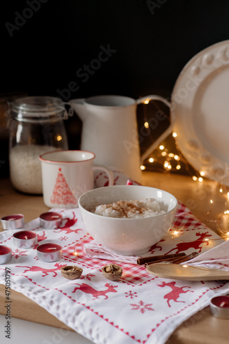 risengrod -  scandinavian-style, rice porridge. Popular traditional breakfast best hygge dessert for Christmas