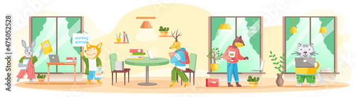 Working animals cute cartoon character works at home with laptop, performs work and tasks. Animal freelancer working on tablet and computer at home or coworking space. Home education concept