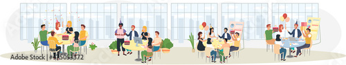 Birthday party in office flat vector illustration. Workers organize holiday, congratulate boss. Interaction, entertainment at workplace. Business team celebrate giving gifts and cake to colleague