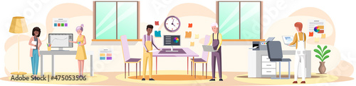 Graphic designer creating his artwork using computer software and lising music. Digital artist, illustrator, graphic design professional at workplace. Print studio workers. Freelance, work from home