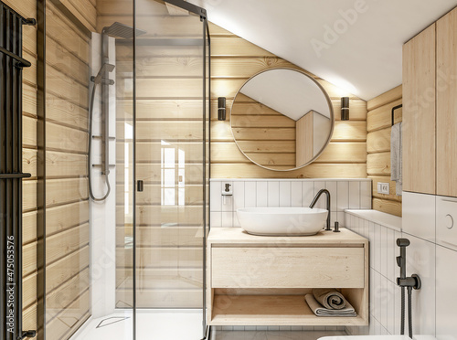  Interior of bathroom in a wooden house   