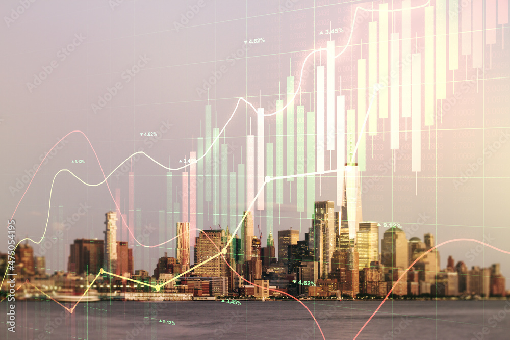 Obraz premium Double exposure of abstract creative financial chart hologram on New York skyscrapers background, research and strategy concept