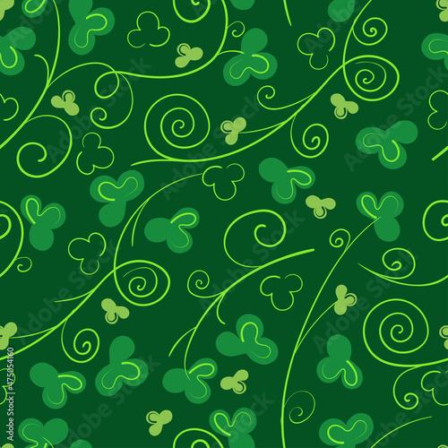 Green seamless pattern with clover and monograms. Festive vector flat background for st Patrick's day