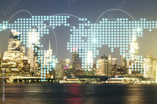 Abstract virtual world map with connections on New York city skyline background, international trading concept. Multiexposure