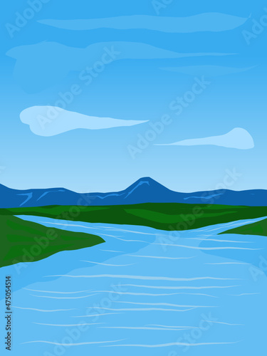 View of mountains and lakes against a bright blue sky background