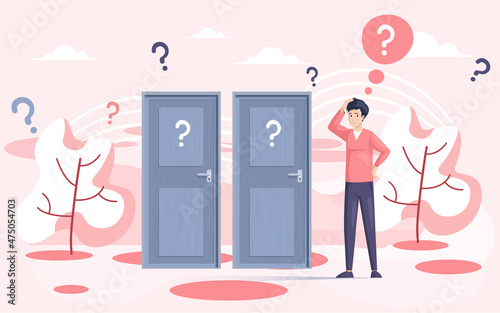 Making confusion. Doubts person surrounded by question marks. Questions dilemma situations. Asking questions. Confused people. Making choice. Being confused. Thinking or make decision. Solving problem