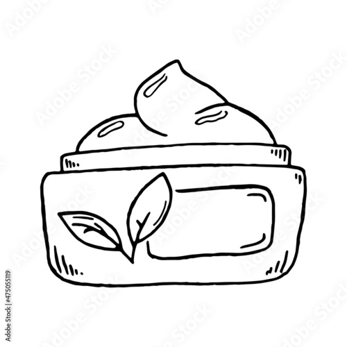 Natural organic cosmetics, open jar, bio skin care, hand drawn. Jar of face cream vector illustration