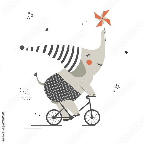 Funny elephant ride on bike. Childish print template design.