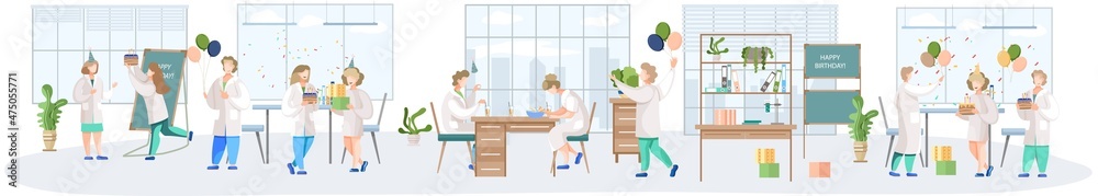 Fototapeta premium Birthday party in hospital, fun entertainment in medical office. Doctors organize holiday congratulate colleague. Interaction, entertainment at workplace. Team of medics giving gifts and cake