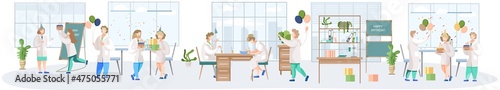 Birthday party in hospital, fun entertainment in medical office. Doctors organize holiday congratulate colleague. Interaction, entertainment at workplace. Team of medics giving gifts and cake