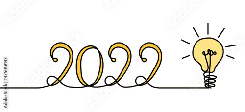 Calligraphic color inscription of year "2022" as continuous line drawing on white background. Vector 