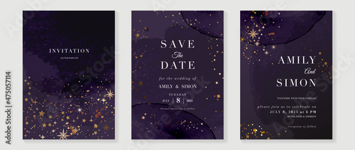 Wedding invitation Card template with  star and moon themed . Gold and luxury save the dated card with watercolor and gold sparkles and brush texture. Starry night cover design background.