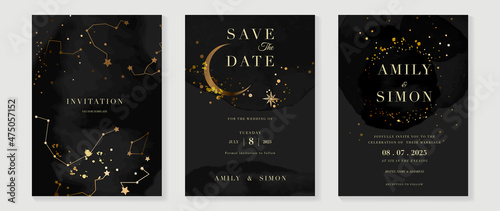 Wedding invitation Card template with  star and moon themed . Gold and luxury save the dated card with watercolor and gold sparkles and brush texture. Starry night cover design background.