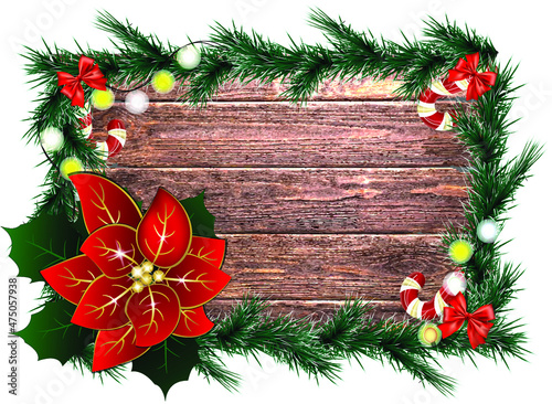 Vector. Christmas background. Advertising banner. Green pine frame. Merry christmas and a happy new year. Branches of a Christmas tree. Poinsettia. Dark woody background. New Year's holiday decoration