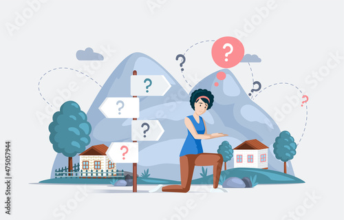 Making confusion. Woman thought about solution to problem, choose options person concept. Career, life and question decision process visualization. Person thinks hesitates to make ones choice