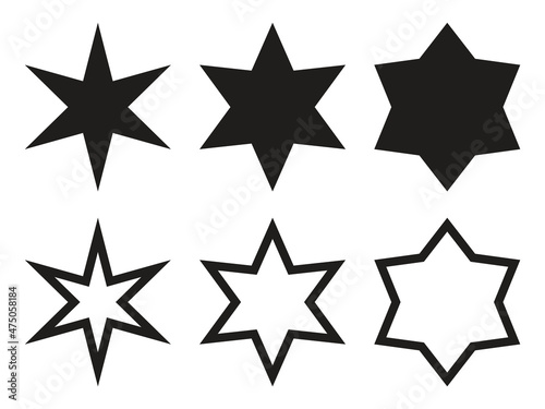 Star shapes collection. Simple silhouetes and outline stars. Hexogram design elements set. Vector illustration isolated on white.