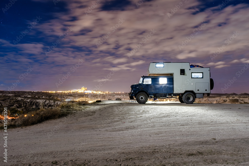 Campervan and Camper truck in Capadoccia at night