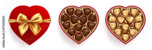 Full and empty box of chocolate sweets in heart shape. Red lid with golden bow. Top view vector illustration isolated. Realistic 3d design, romantic concept