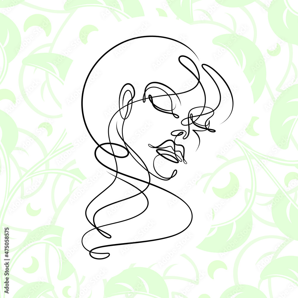 Fototapeta premium International Women's Day minimal design line drawing style. Portrait of young woman beauty face isolated on pastel leaf background. Vector for Spa, fashion, hairdressing and beautiful artwork design.
