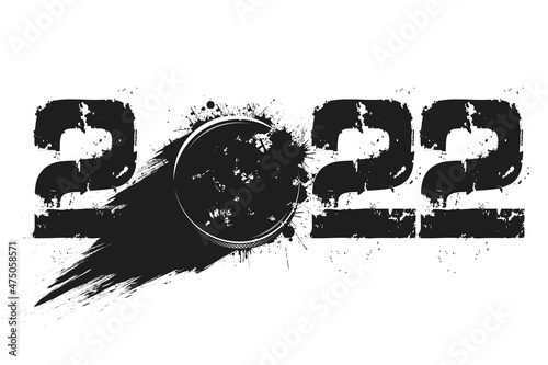 Numbers 2022 and flying abstract hockey puck made from blots with by milky way in grunge style. Happy New Year 2022. Design template for greeting card. Vector illustration on isolated background