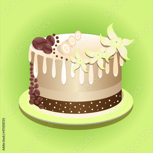 Beautiful tasty holiday coffee and chocolate 3d cake vector illustration decorated with coffee beans vanilla flowers and dragee designed in pastel and dark brown shades