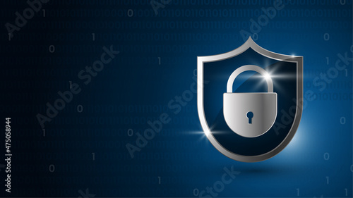 Lock and shield. Data protection. Security concept. Data encryption on the Internet and on electronic devices. Binary digits on dark blue background. 3d realistic vector