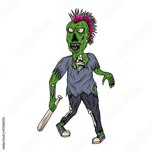 zombie punk character illustration carrying a baseball bat