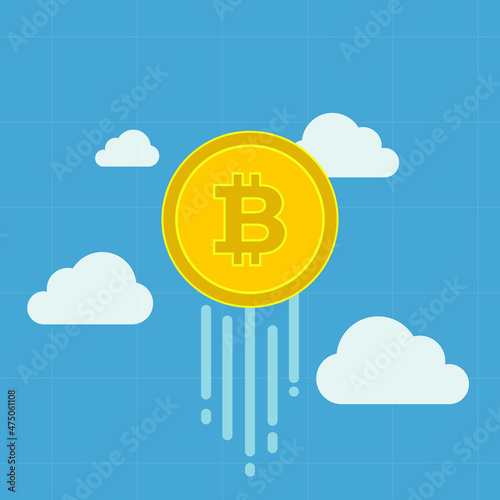 golden bitcoin crypto currency floating in sky background