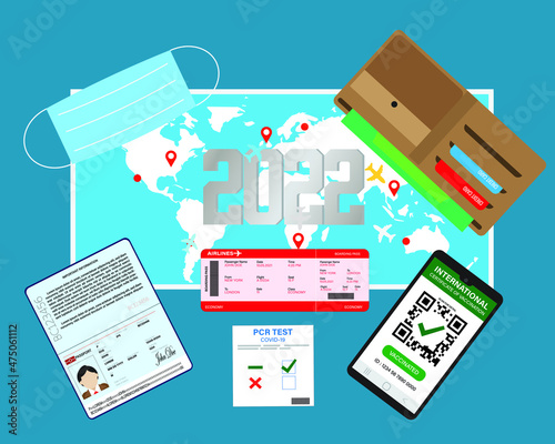 Travel 2022 concept. An illustration of map, passport, boarding pass and vaccination cert. 2022 will be tourism boost year.